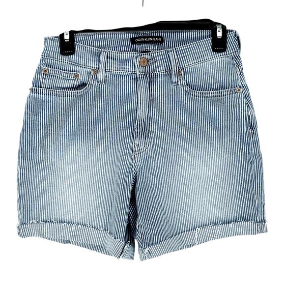 Calvin Klein Jean Shorts Womens 4 Blue Railroad Stripe High Rise Denim Cuffs New - Picture 1 of 13